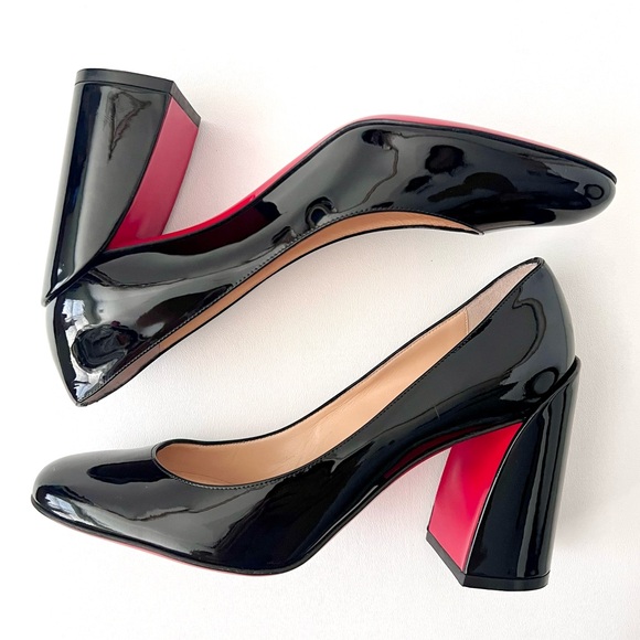 CHRISTIAN LOUBOUTIN | Miss Sab Black Patent Leather Block Heel Pumps 37.5 US 7.5 - Picture 4 of 16